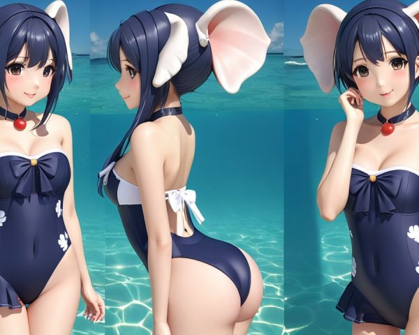 Stylized Character in Floral Swimsuit by Ocean