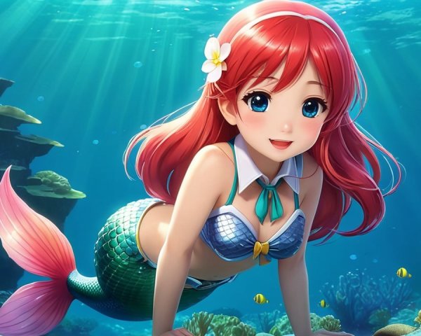 Vibrant Underwater Scene with Cheerful Mermaid