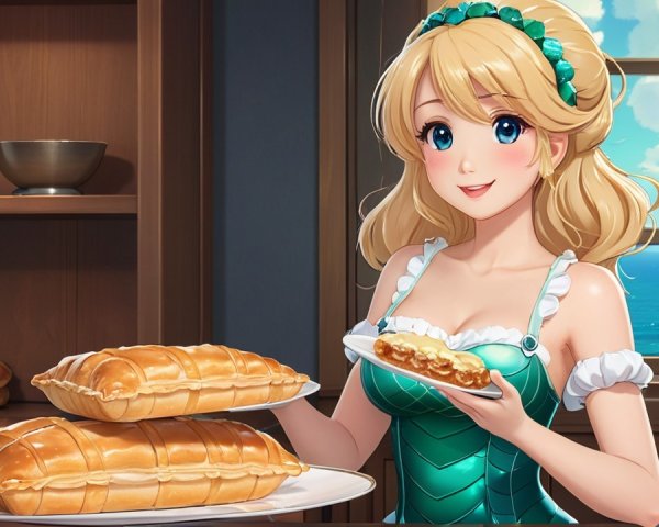 Young Woman in Bakery with Pastry and Sea View