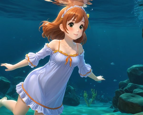Auburn-haired girl swimming in tranquil underwater scene