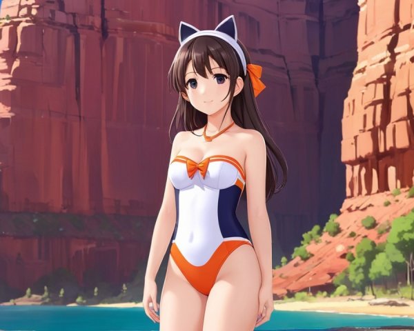 Young woman in swimsuit on scenic beach with cliffs