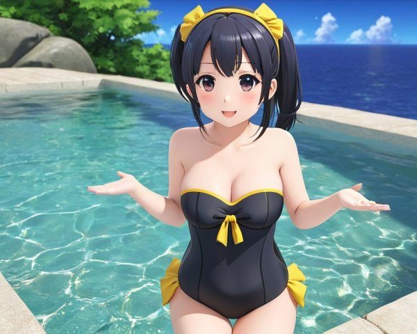 Cheerful anime character by a sparkling pool in summer