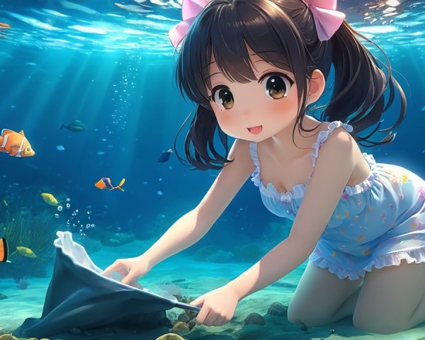 Young girl in blue dress exploring underwater scene