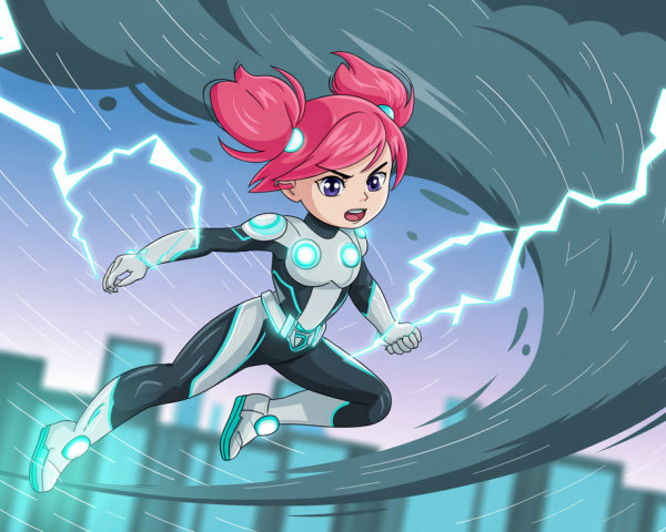 Anime superhero girl with pink pigtails in dynamic pose