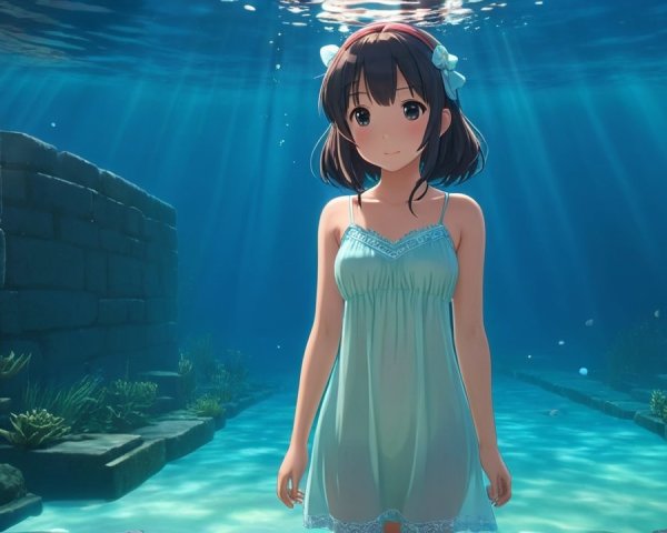 Young girl in light gown gracefully underwater with fish