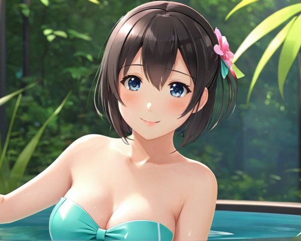 Young woman in turquoise swimsuit by serene pool