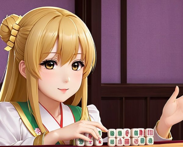 Young Woman in Kimono at Mahjong Table Setting