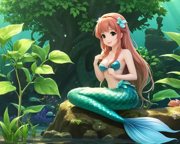 Whimsical Underwater Scene with Cheerful Mermaid