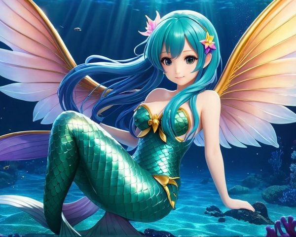 Mermaid with Turquoise Hair in Underwater Scene