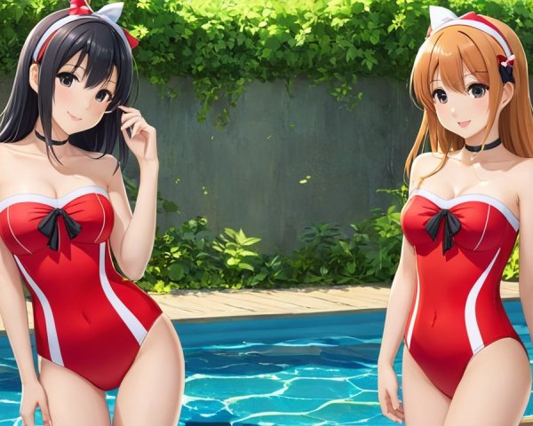 Anime Characters in Red Swimsuits by Poolside