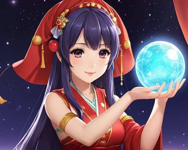 Young woman in traditional attire with glowing crystal ball