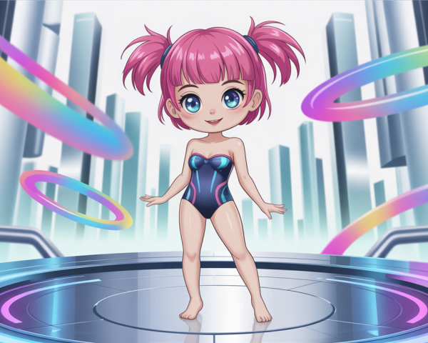 Anime girl in blue swimsuit on glowing platform scene