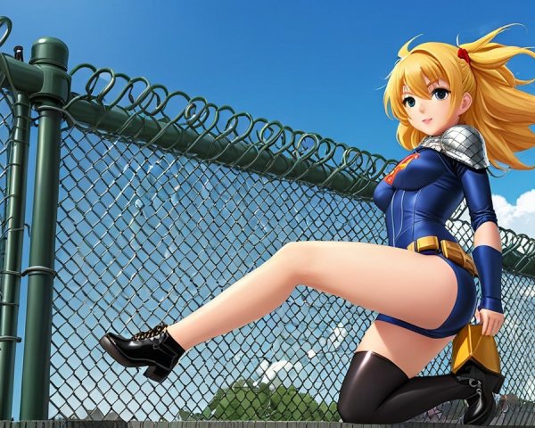 Vibrant anime character with blonde hair on a fence