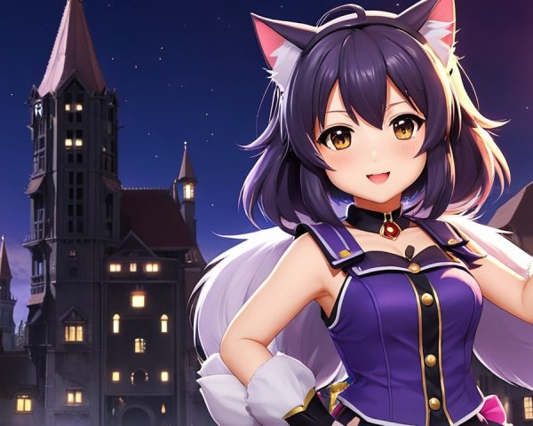 Cheerful Anime Character in Front of Gothic Castle