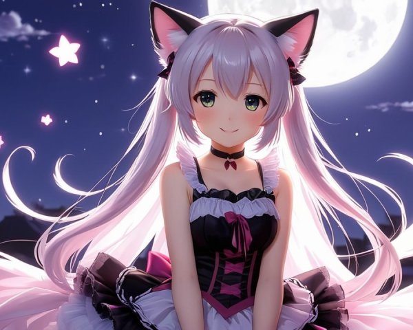 Whimsical Character in Nighttime Scene with Moon