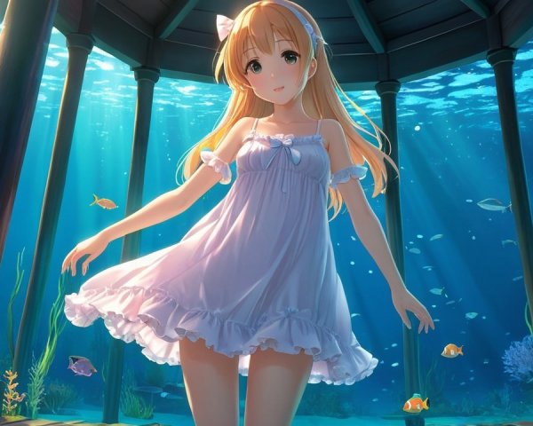 Underwater Scene with Girl in White Dress and Fish