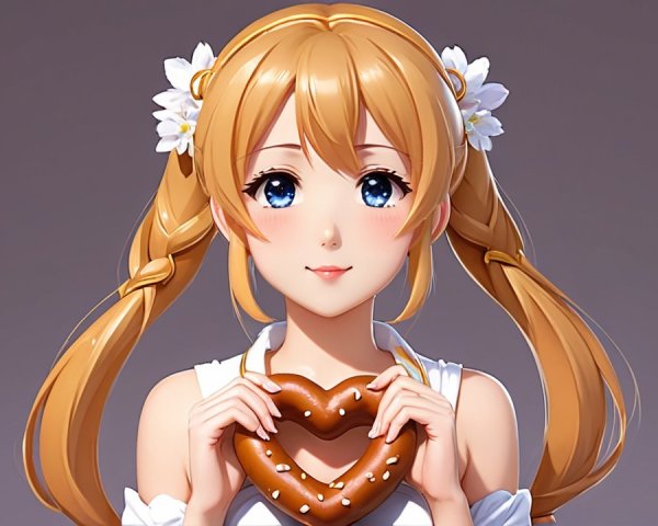 Cheerful Anime Girl with Heart-Shaped Pretzel