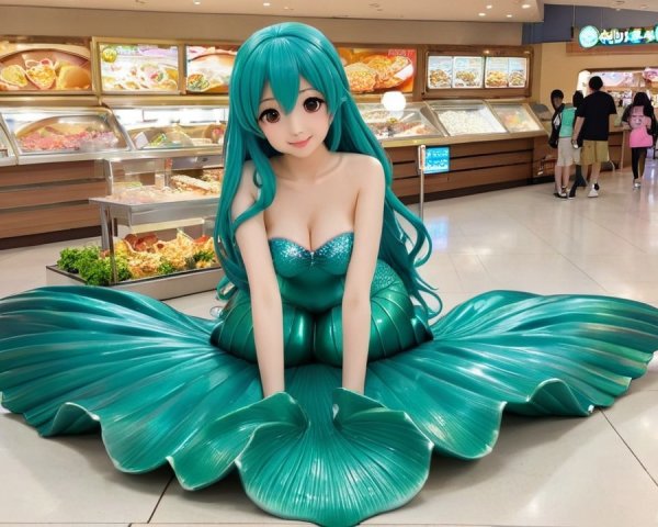 Vibrant Mermaid Statue in Bustling Food Court