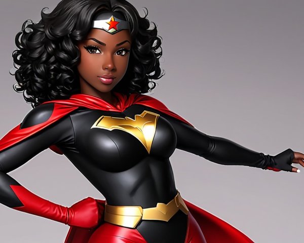 Superheroine in Black and Red Costume with Cape