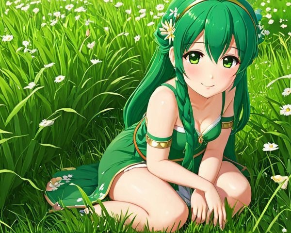 Cheerful anime character in a sunny flower field