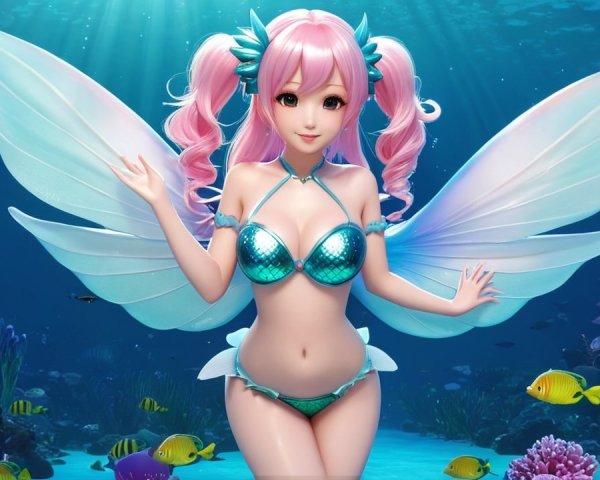 Underwater Scene with Fairy Character and Marine Life