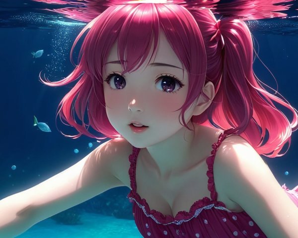 Young girl with pink hair swimming underwater