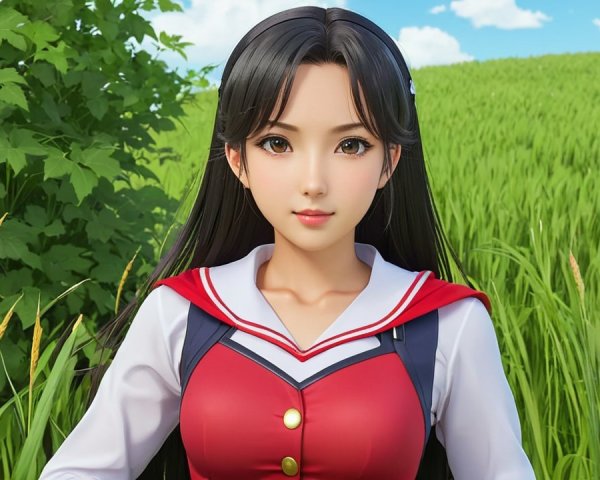 Young Woman in School Uniform in Green Field