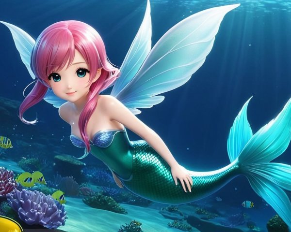 Vibrant Underwater Scene with Whimsical Mermaid