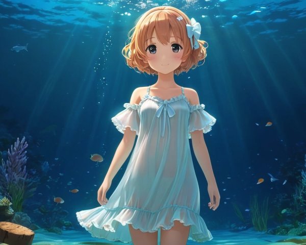 Young girl in pale blue dress underwater with fish