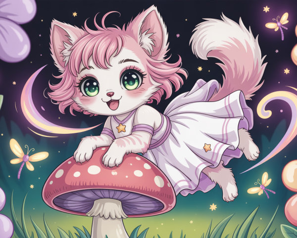 Anime Cat Girl on Red Mushroom in Nocturnal Garden