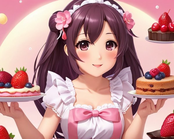 Cheerful anime girl in maid outfit with desserts