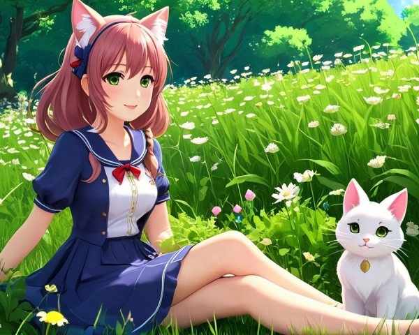 Young girl with cat ears in a sunny meadow scene
