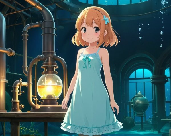 Young girl in enchanting underwater laboratory setting