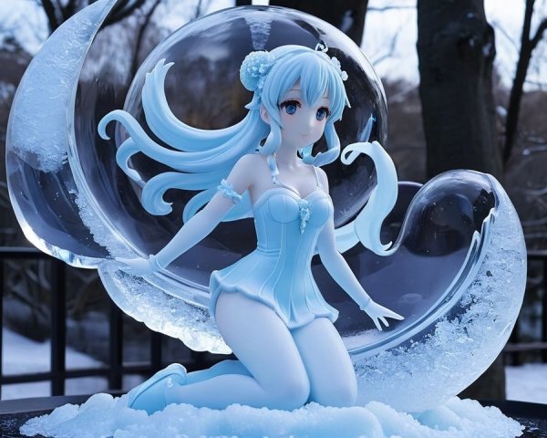 Ice-Themed Figure of a Woman in Serene Winter Scene