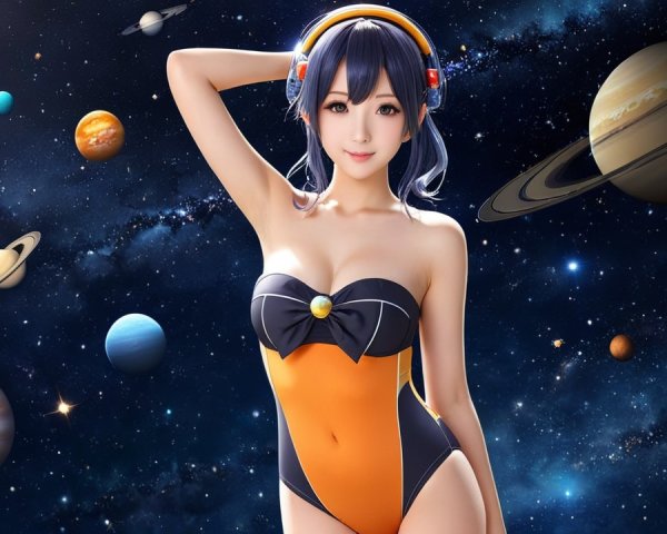 Futuristic character in cosmic setting with vibrant elements