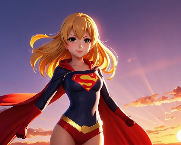 Superheroine in Blue and Red Costume at Sunset