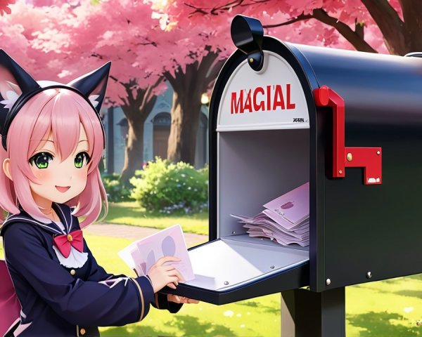 Cheerful anime girl with pink hair by magical mailbox