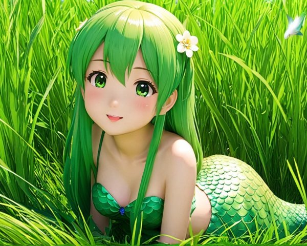 Cartoonish mermaid with vibrant green hair in grass