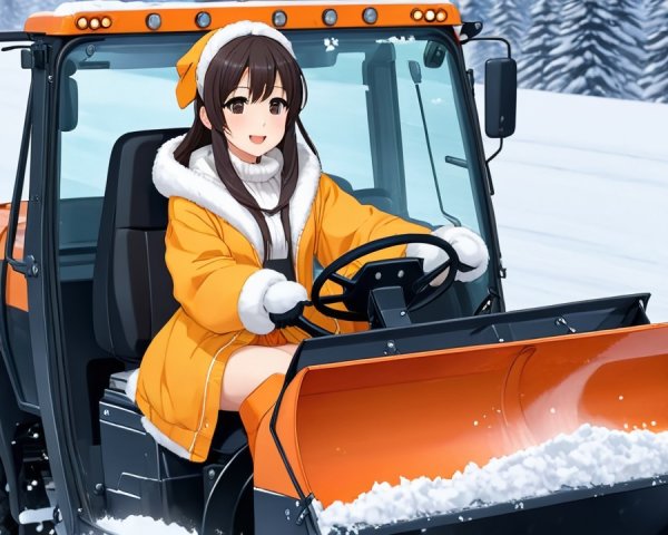 Young Woman Driving Snow Plow in Winter Landscape