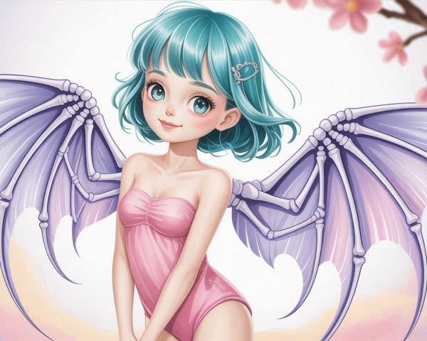 Anime Woman with Teal Hair and Bat Skeleton Wings