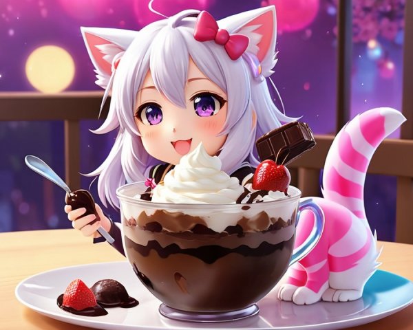 Cartoon Character with Dessert in Dreamy Background
