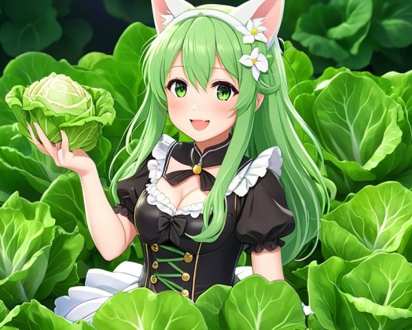 Cheerful Character in Cabbage Garden Setting