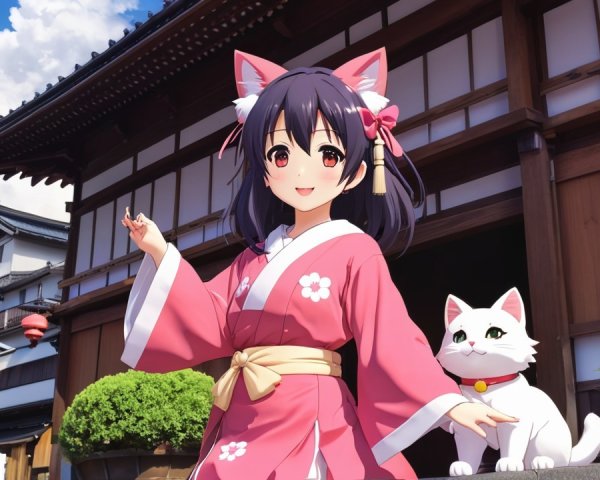 Cheerful anime girl in pink kimono with cat ears