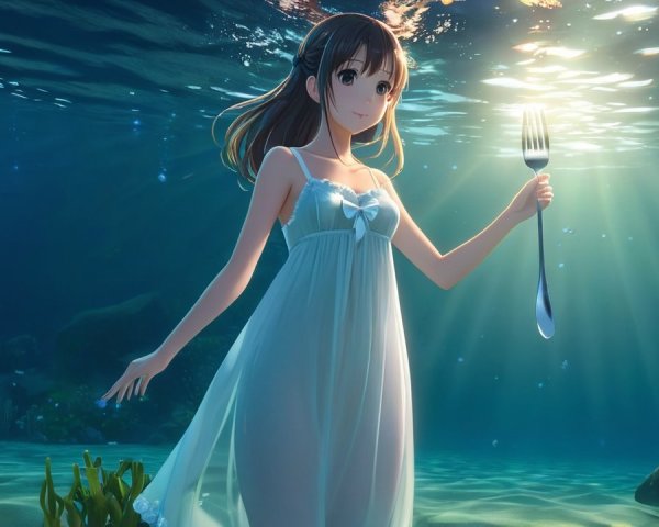 Young Woman in White Dress Underwater with Fork