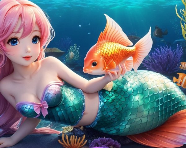Mermaid with Pink Hair and Vibrant Goldfish in Coral