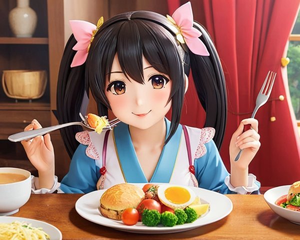 Cheerful anime girl in cozy kitchen with meal setup