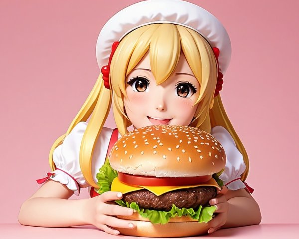 Cheerful anime girl with hamburger on pink background