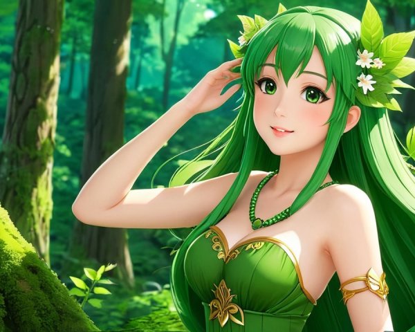 Character with Green Hair in Lush Forest Setting