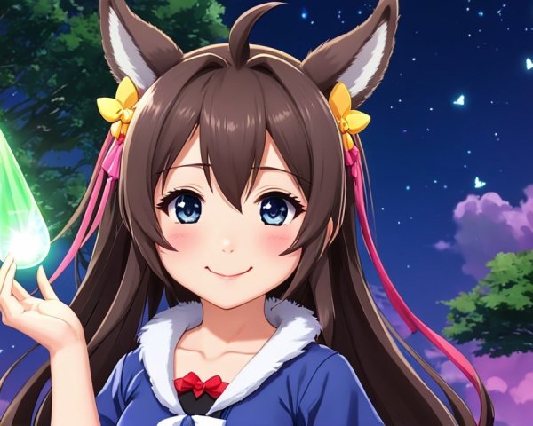 Cheerful anime character with flowers and gemstone