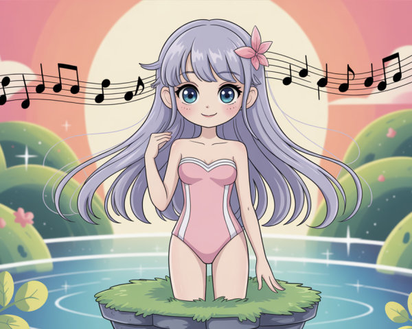 Anime Girl in Swimsuit on Grassy Island with Flowers